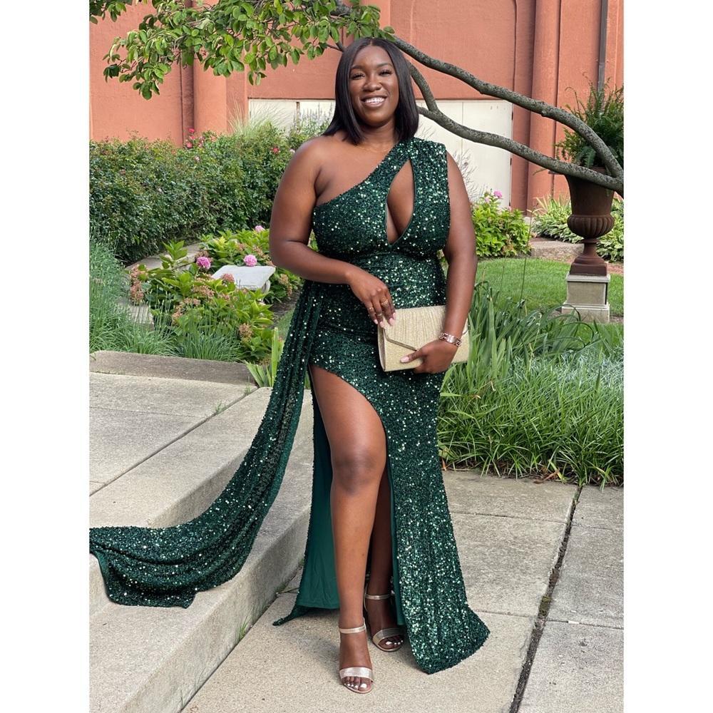 Plus One Shoulder Cut Out Draped Asymmetrical
Hem Sequin Formal Dress
